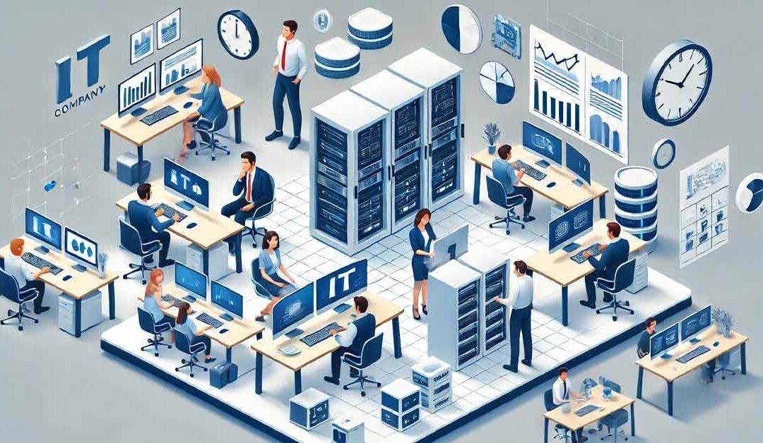 Illustration of a bustling IT company office with employees at desks, servers, computer monitors, data charts, and clocks on the walls, showcasing an MSP (Managed Services Provider) partnering to optimize business operations.